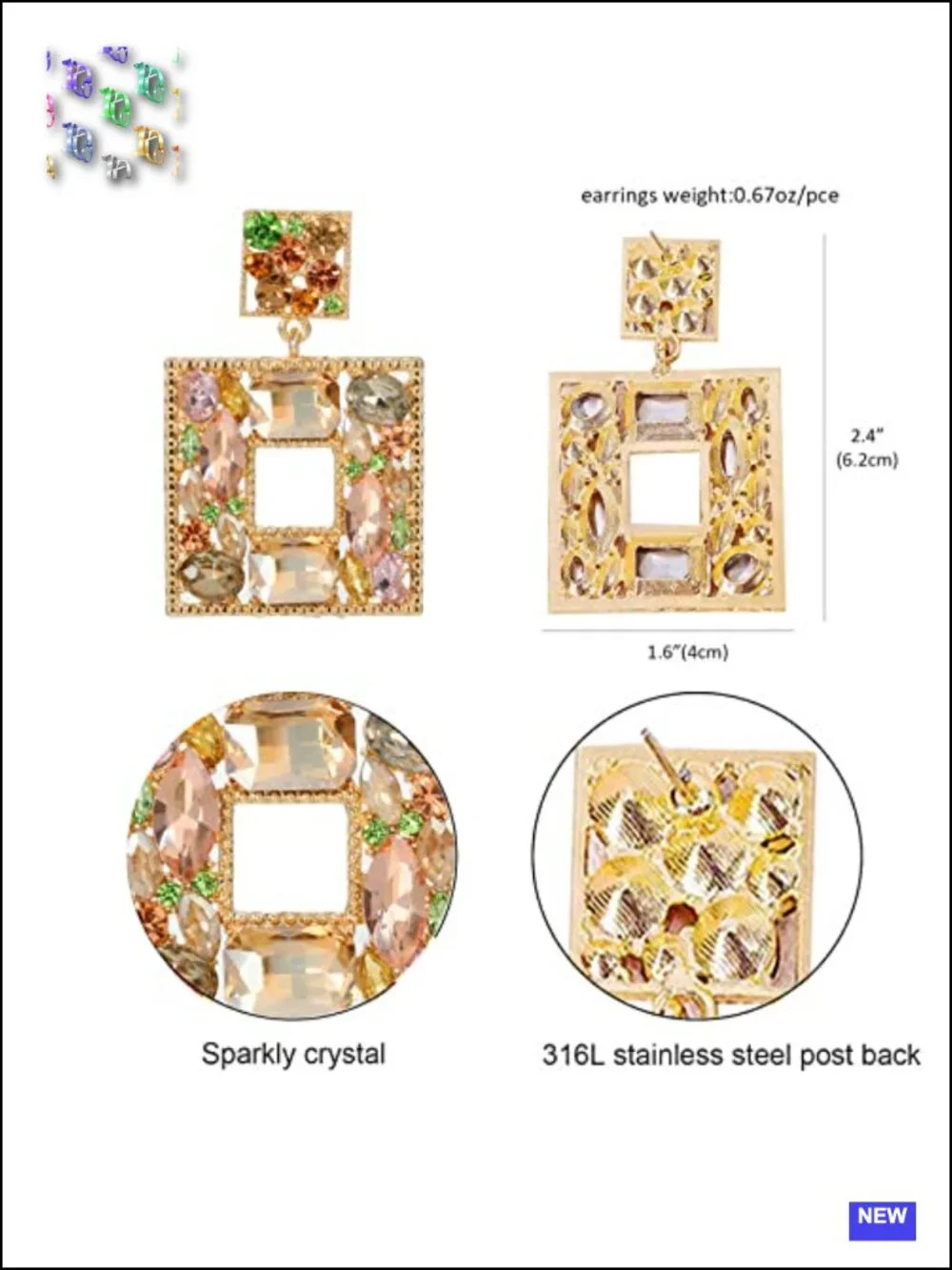 Rhinestone Square Statement Dangle Earrings Hypoallergenic Gold Plated Crystal